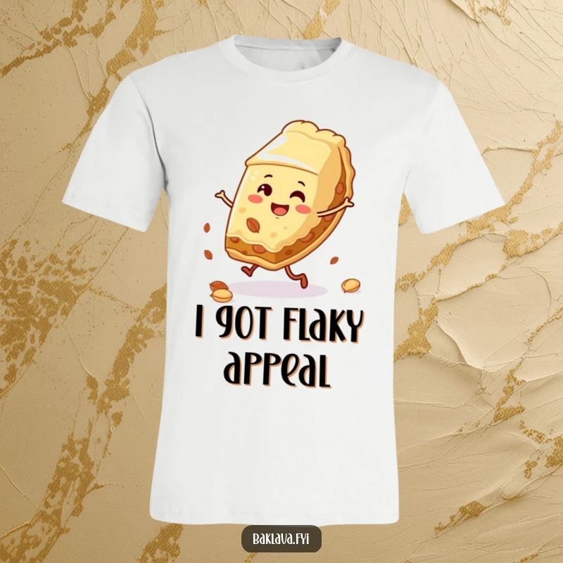 Funny baklava slice t-shirt performing an energetic cartwheel with scattered nuts, a humorous piece of wearable art.