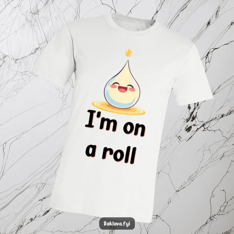 Funny giggling syrup droplet character happily splashing on a comfortable t-shirt, ideal for casual and humorous wear.