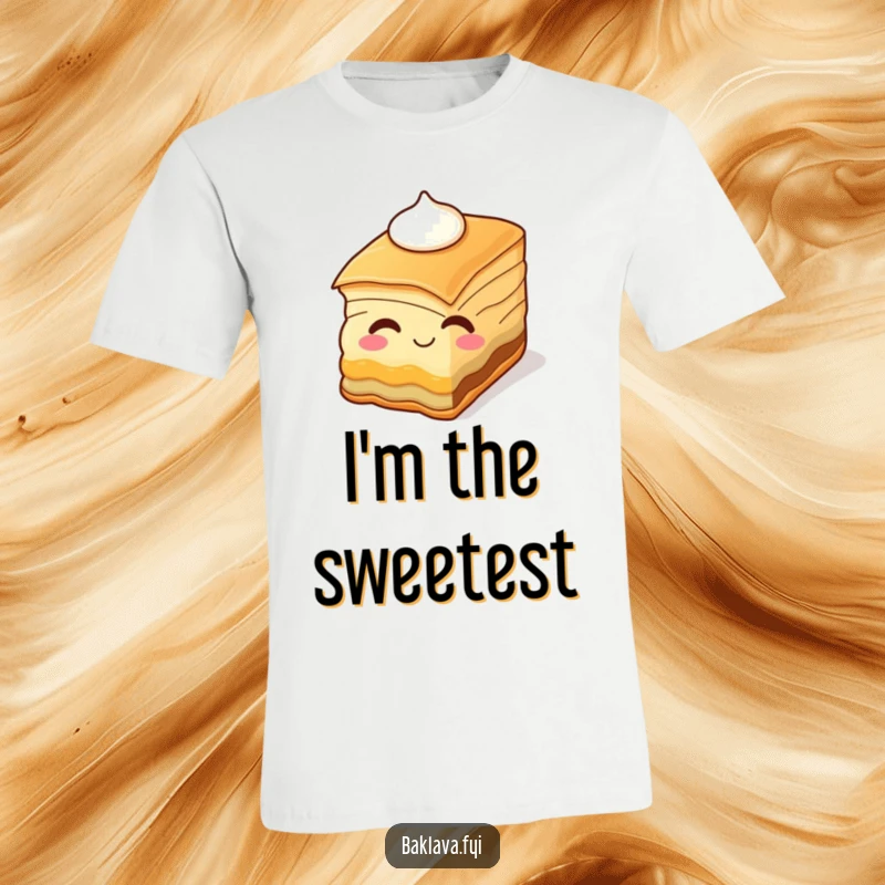 Funny baklava slice smiling and winking with cream, printed on a soft t-shirt. A humorous and tasty graphic tee.