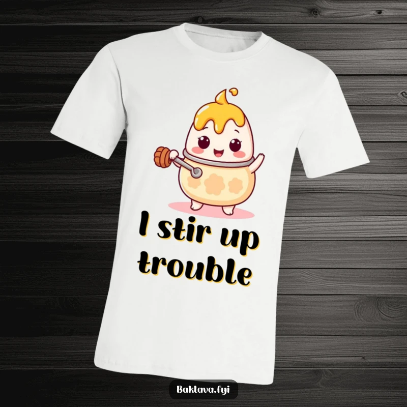 Funny Kawaii honey pot character with a tiny ladle, stirring enthusiastically, printed on a soft and comfortable t-shirt, great for casual wear.