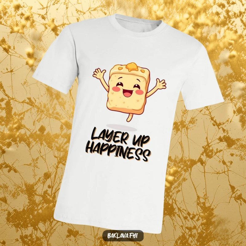 Funny baklava t-shirt with a cheerful, leaping piece of baklava, celebrating sweet treats and happiness.