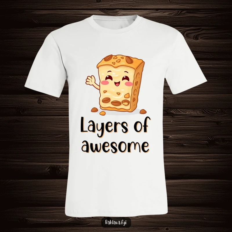 Funny Baklava T-Shirt displaying a cheerful nutty slice enthusiastically waving hello, radiating pure joy and sweetness.