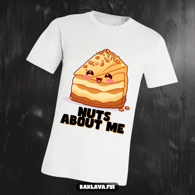 Funny baklava pastry character winking with a dusting of nuts, a cheeky and delightful funny t-shirt.