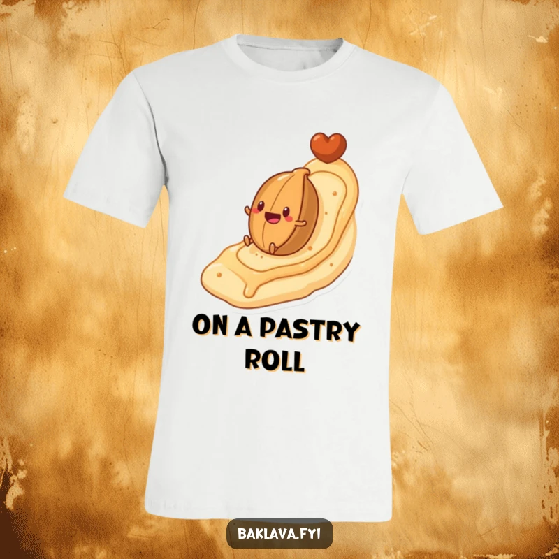 Funny T-shirt showing a nut character joyfully rolling down a hill made of flaky pastry, perfect for those who love sweet, funny designs.