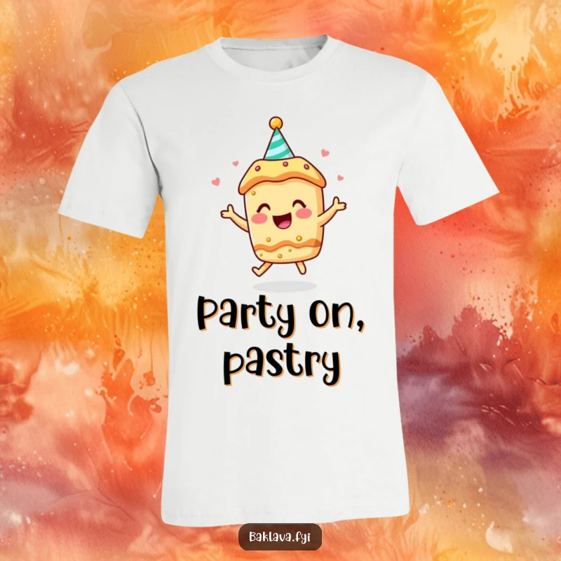 Funny t-shirt: a baklava character wearing a festive party hat bounces with infectious joy.