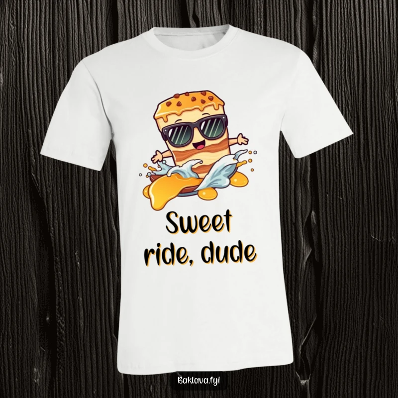 Funny t-shirt: a baklava slice wearing sunglasses boldly surfs a sticky syrup wave.