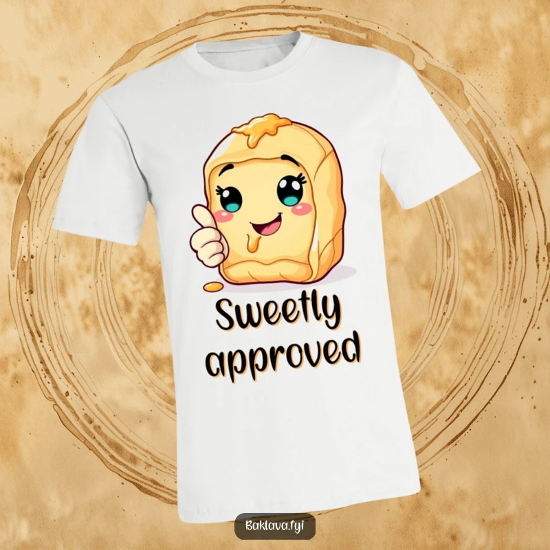 Funny cheerful baklava t-shirt with a syrupy smile giving a thumbs up, embodying sweet optimism and good humor.