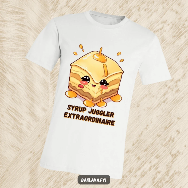 Funny baklava t-shirt depicting a piece of sweet pastry with eyes winking playfully while juggling syrup like a pro.