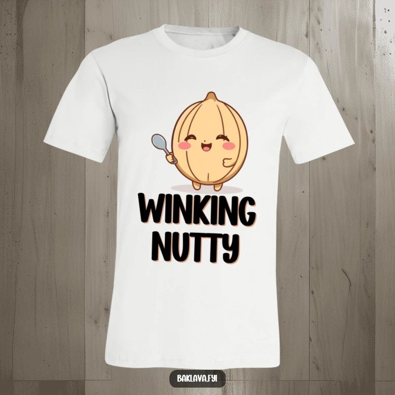 Funny walnut t-shirt showcasing a happy walnut winking and holding a tiny spoon, perfect for snack lovers who enjoy humor.