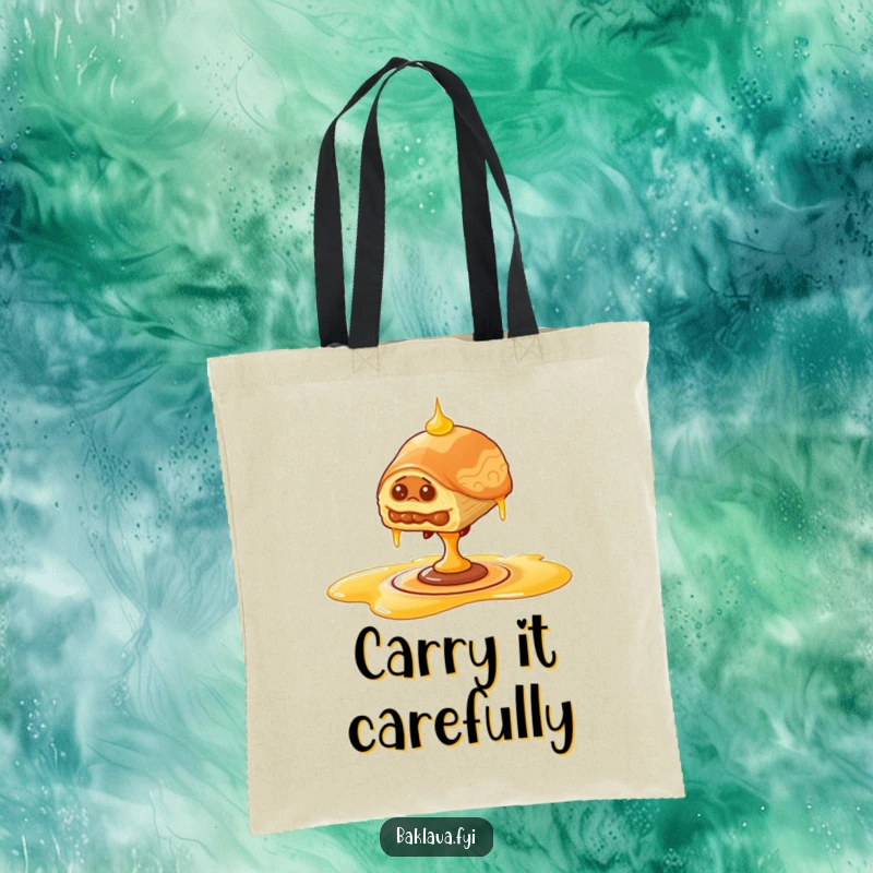 Funny wobbly baklava tote bag, stylish bag with baklava balancing on spinning honey, showcasing sweet struggle.