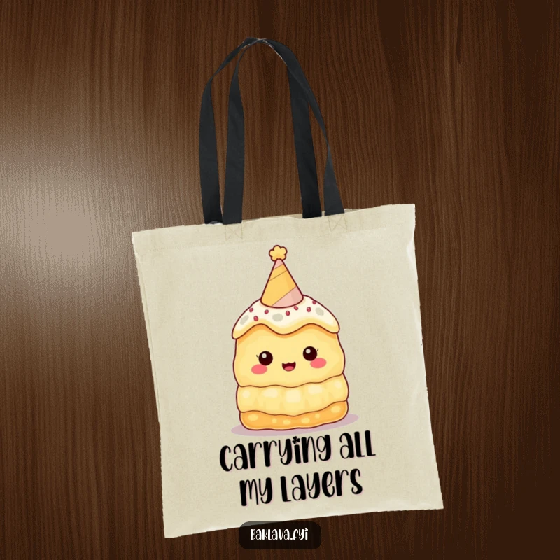 Funny baklava tote bag depicting a character with a party hat, ready for a celebration, ideal for grocery runs or daily errands with a humorous touch.