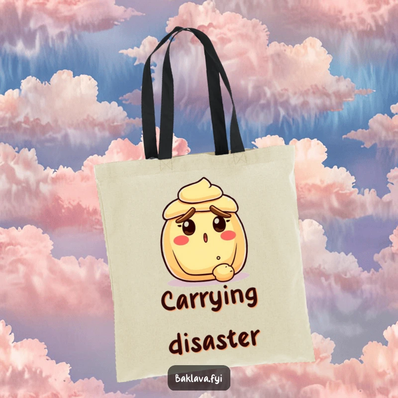 Funny surprised pastry with raised crust eyebrows, reacting to a falling crumb, on a durable tote bag, perfect for carrying treats with humor.