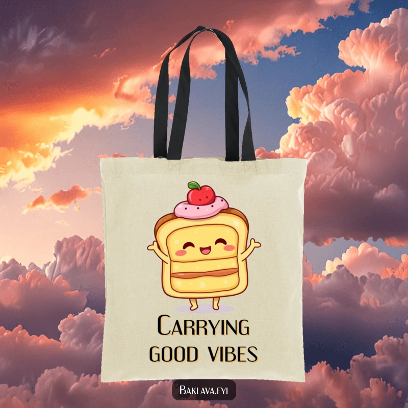 Funny happy, layered pastry doing a little shimmy, on a durable tote bag, perfect for carrying goods with celebratory baked good humor.