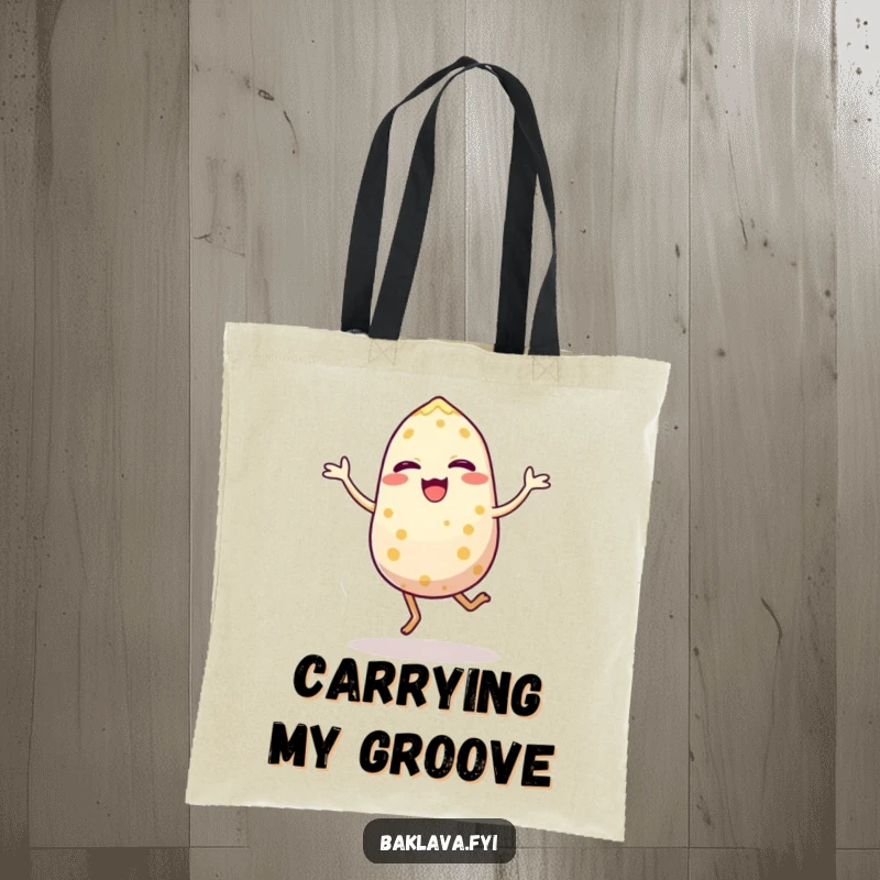 Funny tote bag depicting a jubilant sesame seed in mid-energetic hop, showcasing a playful and active graphic. Eco-friendly and humorous accessory.