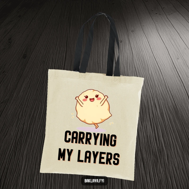 Funny phyllo dough sheet tote bag with a cartwheeling dessert layer, perfect for carrying essentials with baking charm.