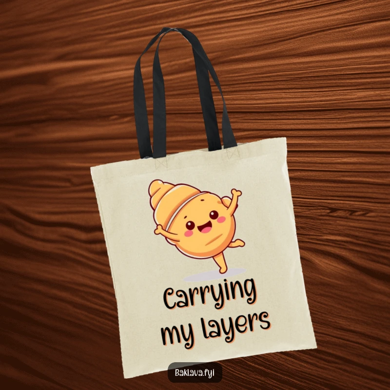 Funny croissant tote bag featuring a happy croissant doing a cartwheel, perfect for carrying essentials with style.