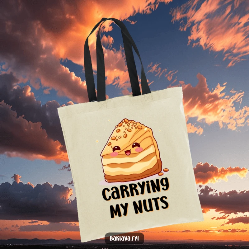 Funny baklava slice character winking with nuts, a cheeky and charming funny tote bag.