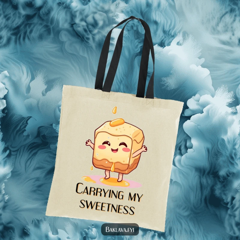 Funny baklava pastry character doing a happy dance with syrup dripping, a sweet and funny tote bag.