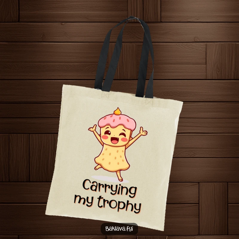 Funny tote bag showing a piece of baklava in a triumphant dance pose, perfect for carrying essentials with sweet, humorous flair.