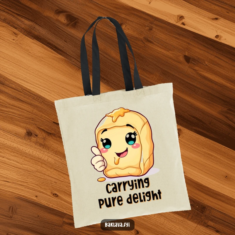Funny cheerful baklava tote bag giving a thumbs up with a syrupy smile, perfect for carrying daily items.