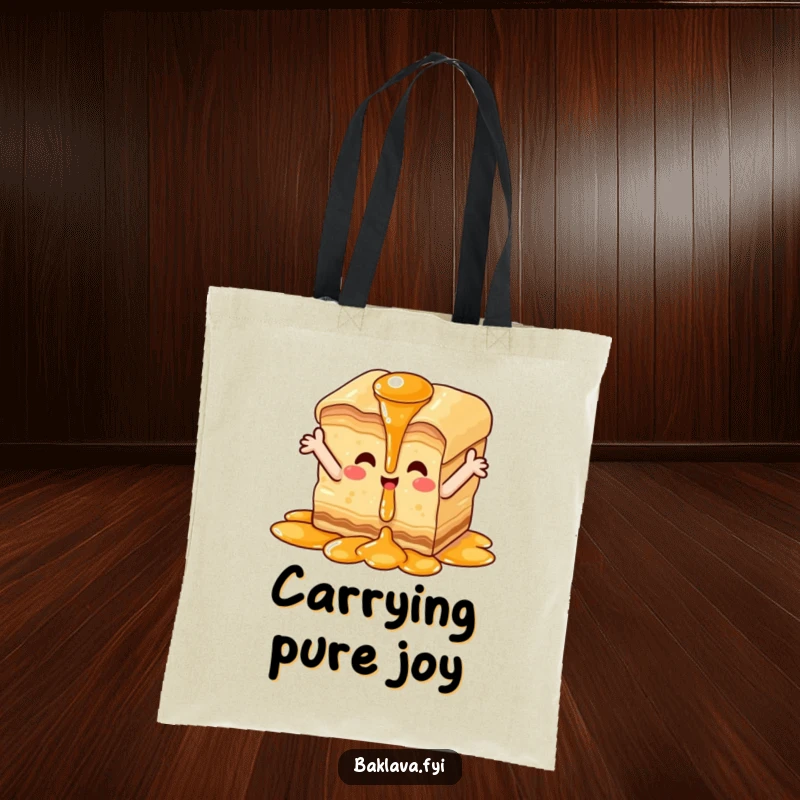 Funny happy baklava tote bag, stylish bag with baklava piece enjoying syrup waterfall, showcasing sweet happiness.