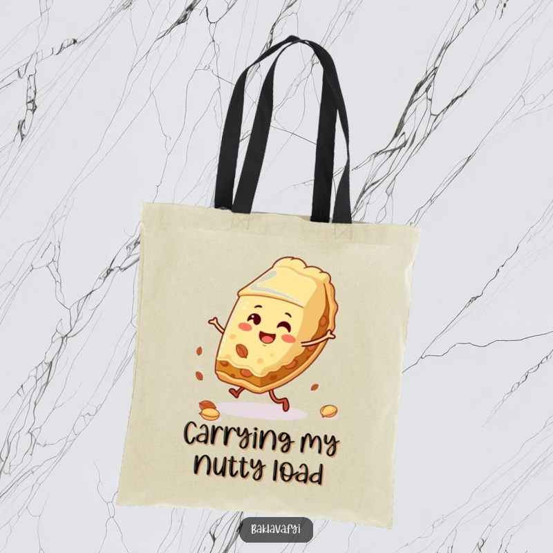 Funny baklava slice tote bag performing a cartwheel with nuts, a practical and humorous accessory for dessert lovers.