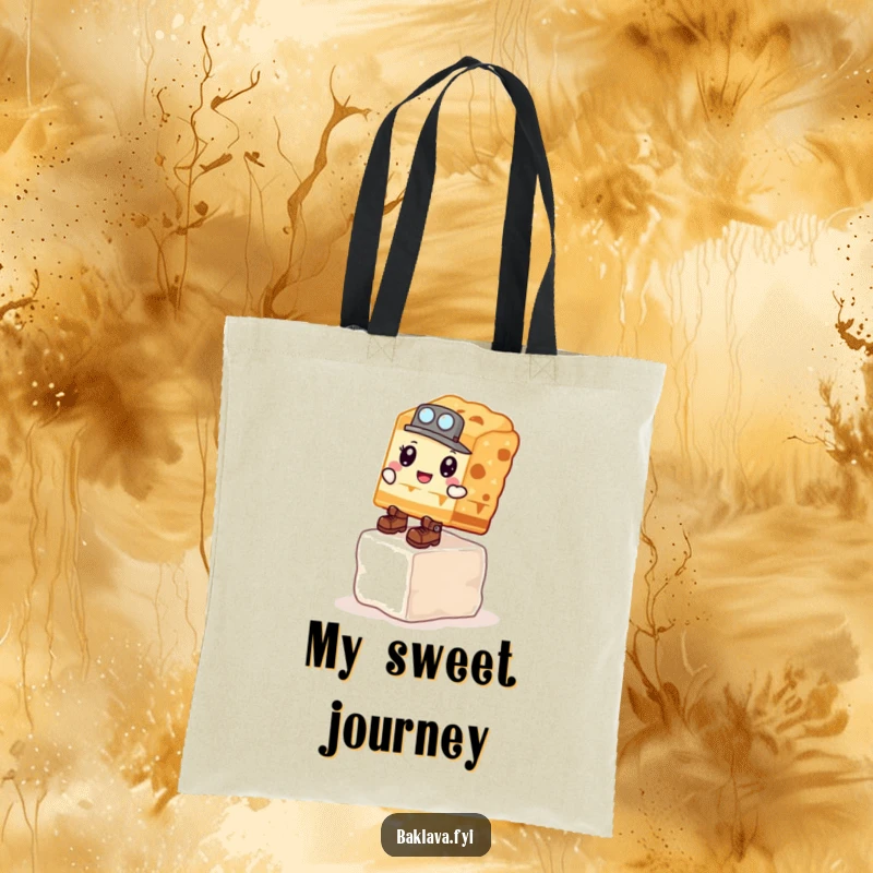 Funny Tote Bag: A baklava piece with explorer boots climbs a sugar cube, a funny and practical accessory.