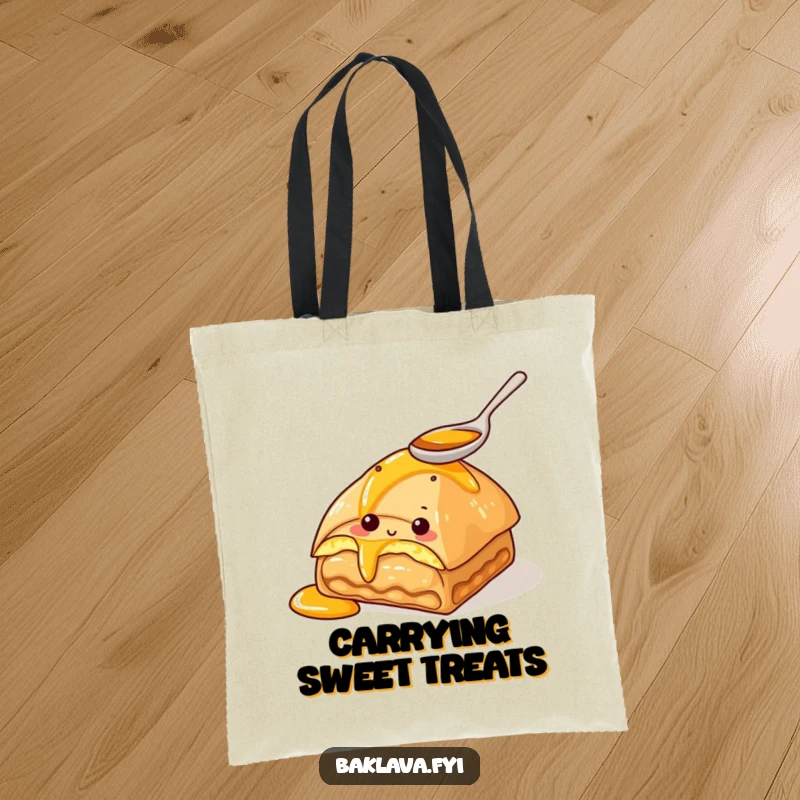 Funny tote bag with a curious baklava character tasting honey with a spoon. Practical and humorous accessory.