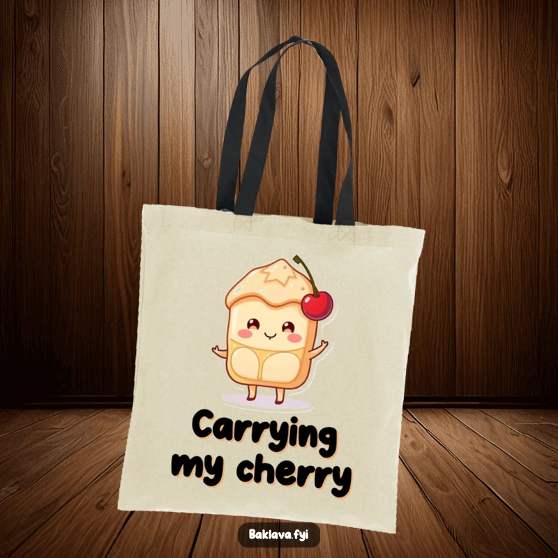 Funny Baklava Tote Bag featuring a happy slice character with a sweet smile, balancing a cherry, ready for errands.