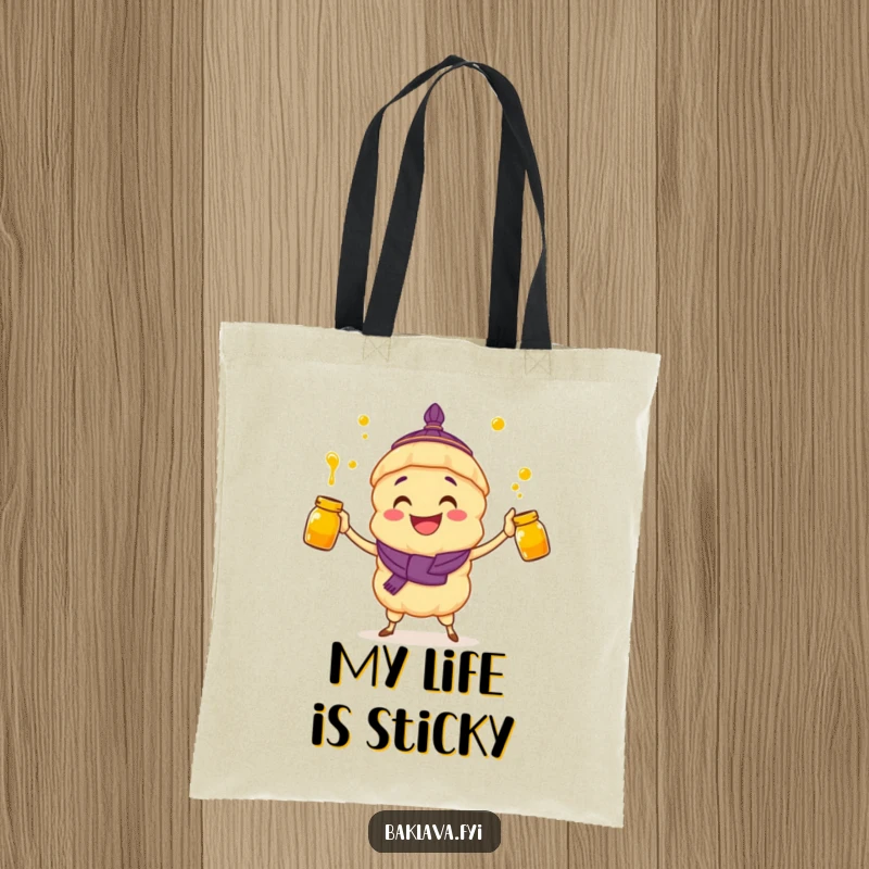 Funny tote bag: a grinning baklava character juggles honey jars, ready to carry essentials.