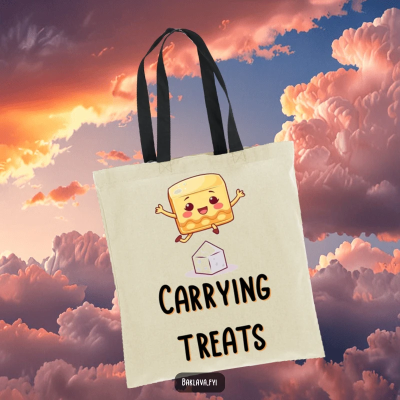 Funny baklava tote bag with a playful square character jumping over a sugar crystal, symbolizing sweet, humorous carrying.
