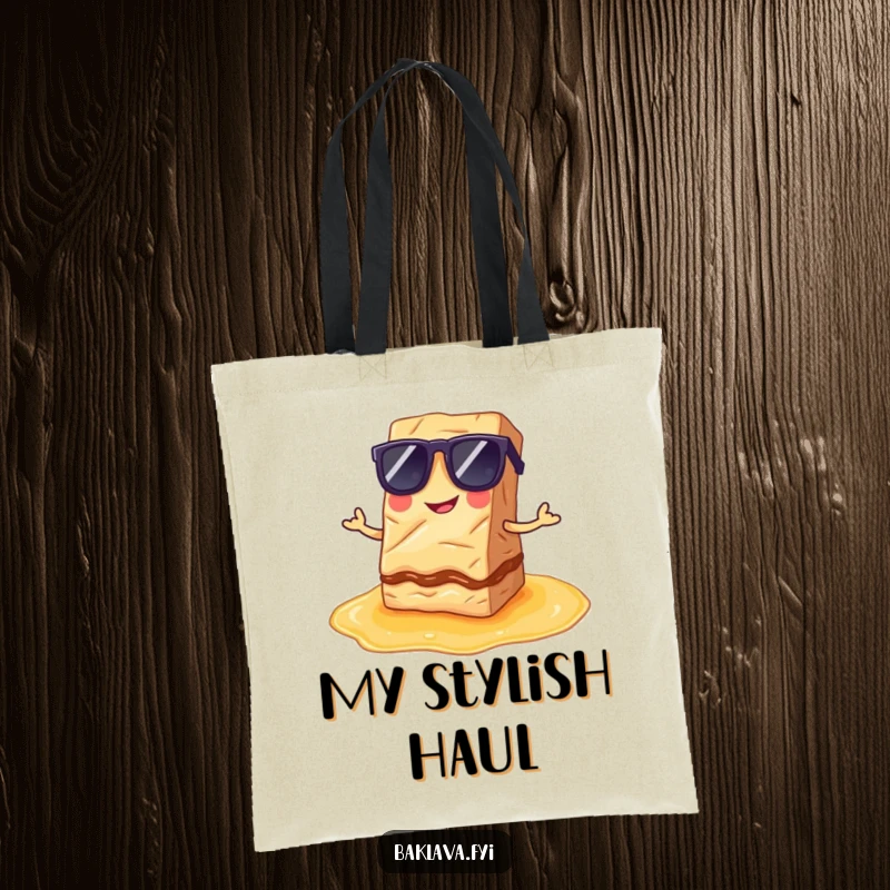 Funny Tote Bag: A baklava slice in sunglasses poses on syrup, a humorous and stylish accessory.