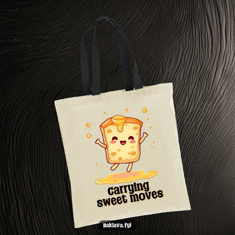 Funny tote bag with a baklava slice dancing energetically, syrup twirling, perfect for carrying groceries or books with a touch of sweetness.