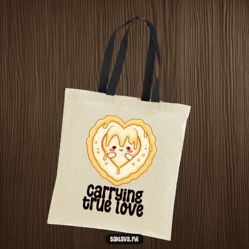 Funny tote bag showing a honey drizzle character creating a heart around baklava, perfect for carrying essentials with sweet, loving humor.