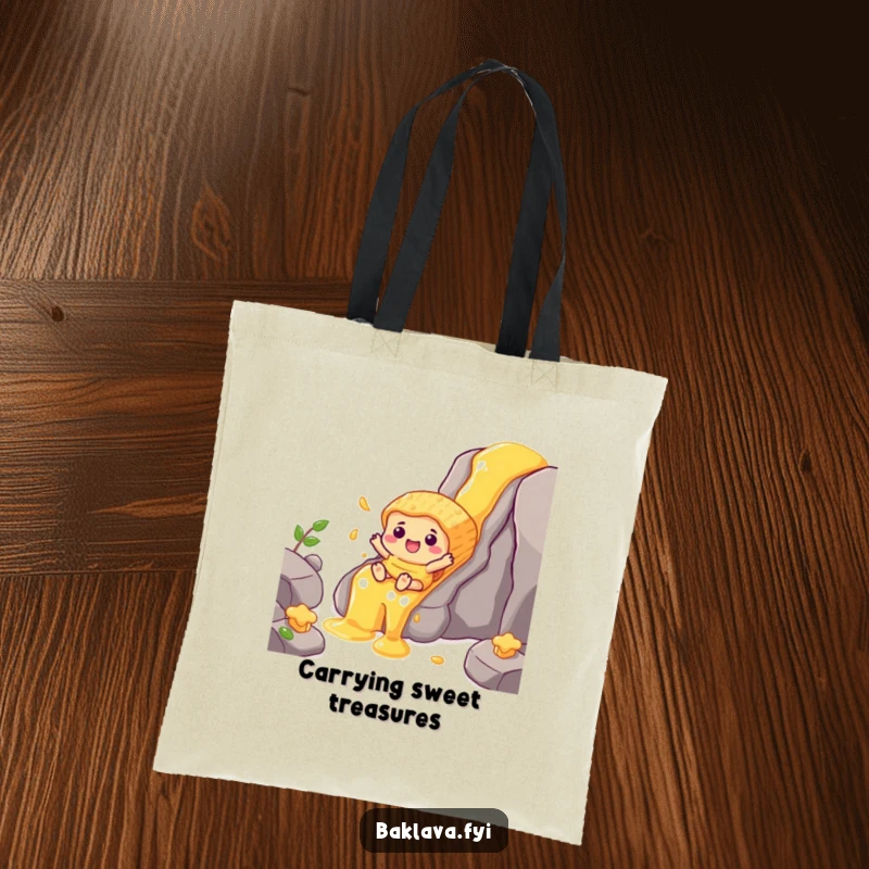 Funny baklava character sliding down a honey waterfall, a cheerful and practical tote bag.