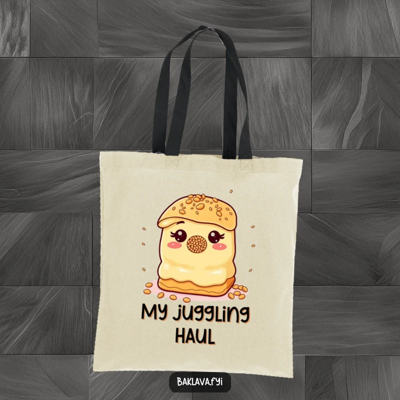 Funny Tote Bag: A baklava with a sprinkle nose juggles sesame seeds, a humorous and practical accessory.