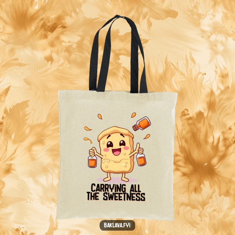 Funny baklava character juggling syrup bottles with glee, depicted on a reusable tote bag. A sweet and humorous accessory.