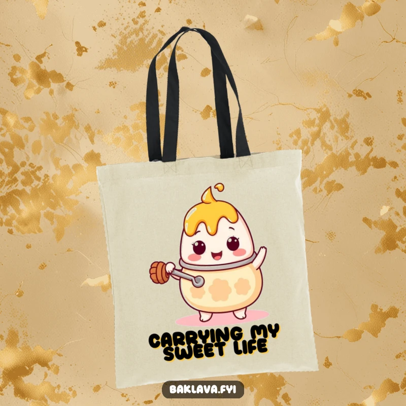 Funny Kawaii honey pot character with a tiny ladle, stirring enthusiastically, printed on a durable tote bag, showcasing a humorous and cute design.