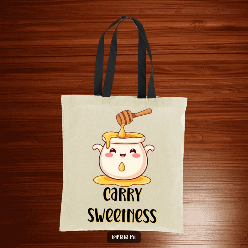 Funny smiling honey pot splashing a tiny droplet, a stylish and funny tote bag.
