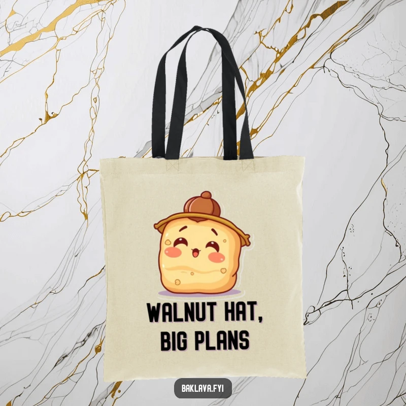 Funny surprised baklava wearing a walnut hat, tilting its head, a sturdy tote bag for daily errands.