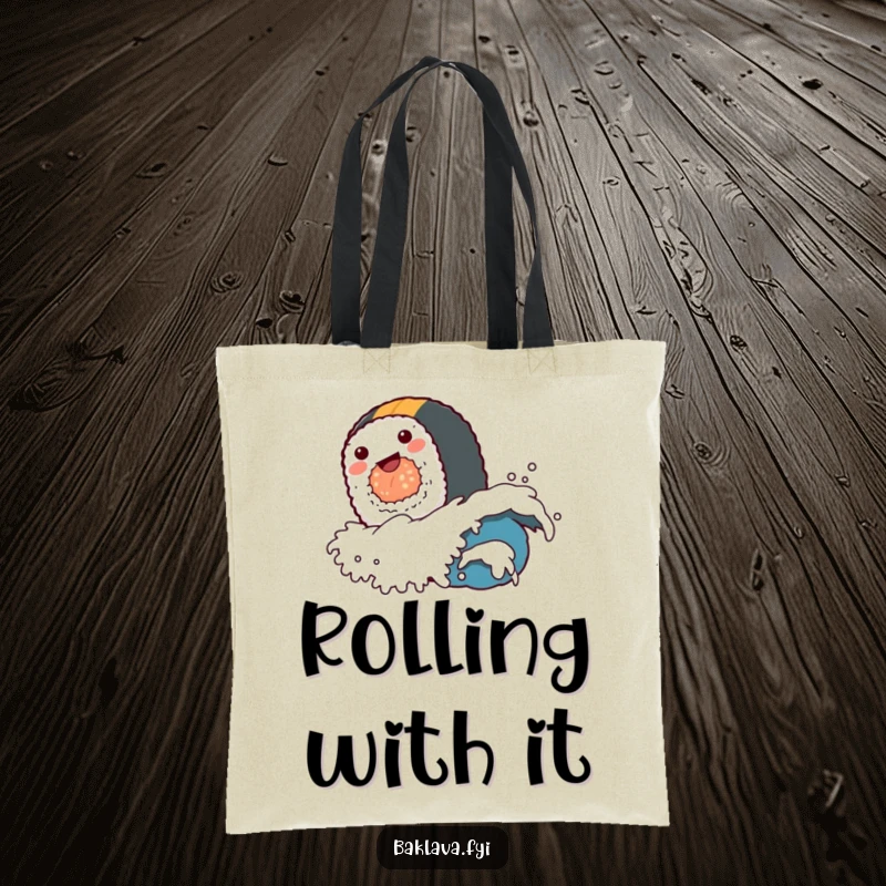 A cute sushi roll character joyfully surfing a small wave, featured on a durable and funny tote bag.