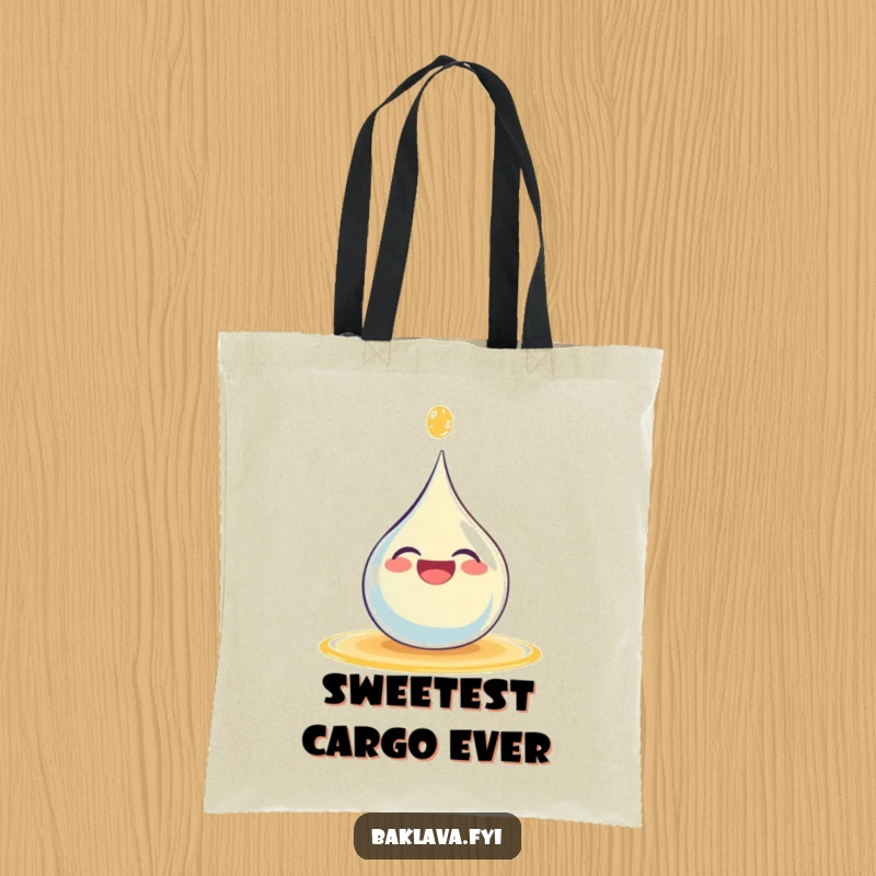 Funny giggling syrup droplet splashing happily on a durable tote bag, perfect for carrying essentials with a smile.