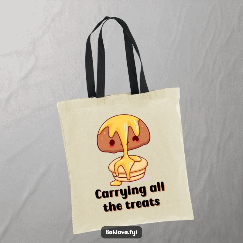 Funny tote bag featuring a happy syrup drizzle over a pastry, a sweet and humorous accessory for everyday use.
