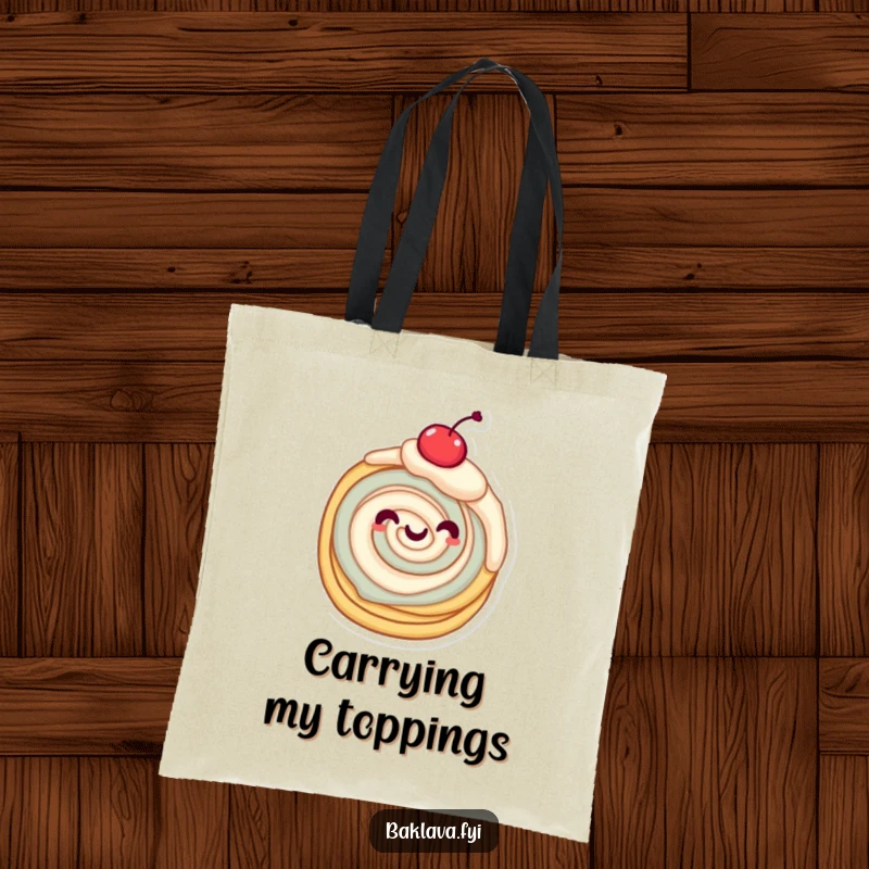Funny layered pastry character twirling with a cherry on top, a cheerful and funny tote bag.