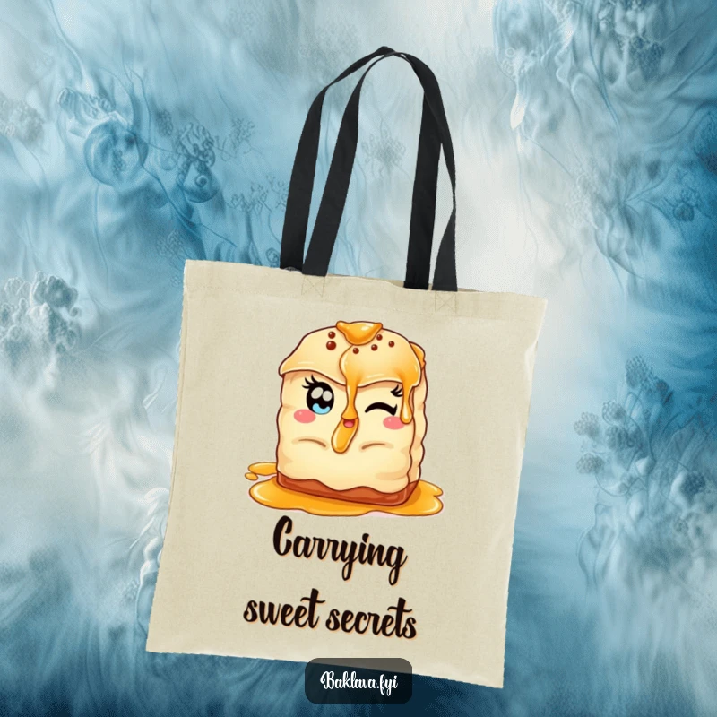Funny winking baklava tote bag featuring a baklava with almond eyes, offering syrup, perfect for carrying essentials.