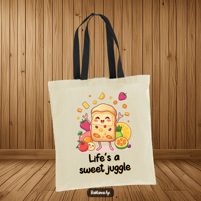 Funny baklava tote bag featuring a happy baklava character juggling a colorful array of candied fruits, perfect for everyday use.