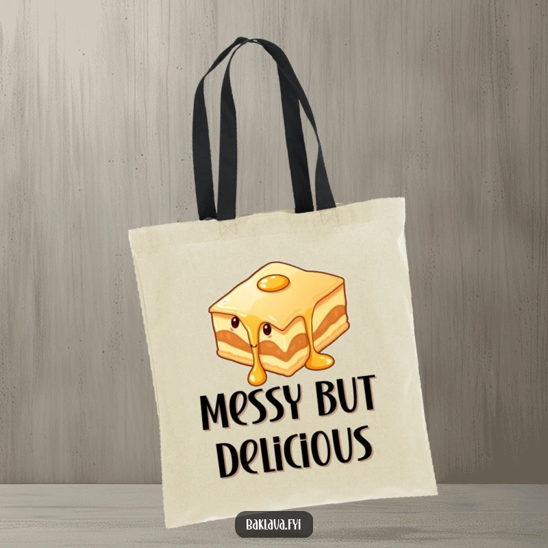 Funny wiggling baklava slice with syrup dripping on a durable tote bag, ideal for carrying essentials with deliciously humorous flair.
