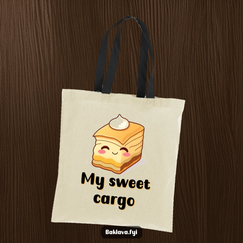 Funny baklava slice smiling and winking with cream, depicted on a reusable tote bag. A sweet and humorous accessory.