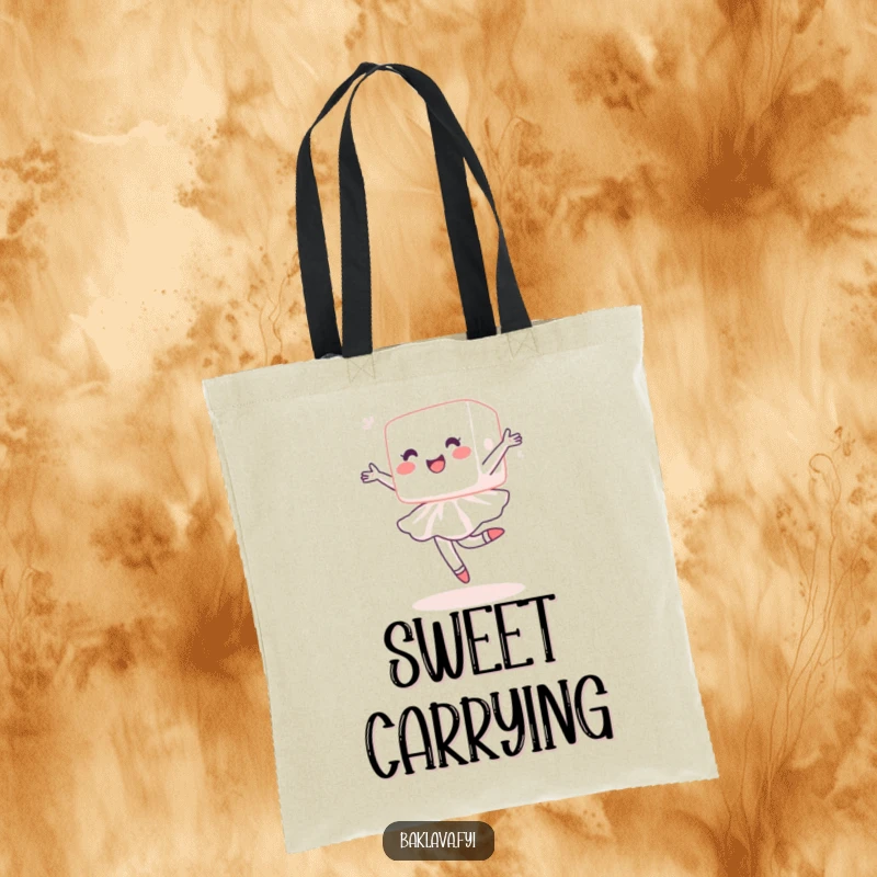 Funny sugar cube tote bag with a delighted cube performing a ballet pirouette, ideal for carrying essentials with a dose of sweetness and humor.